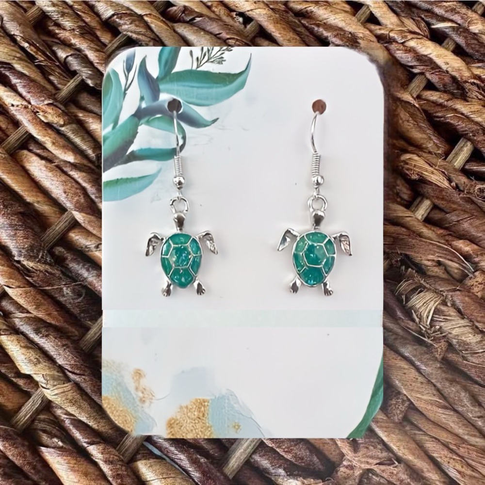 New Silver-Tone and Green Turtle Dangle Earrings (1.5” l x 0.6” w) (Version 12)